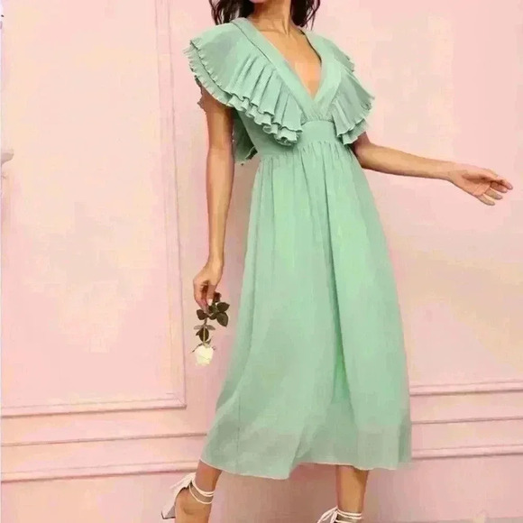 Solid Ruffle Sleeve Plunging Dress - Picture 1 of 9